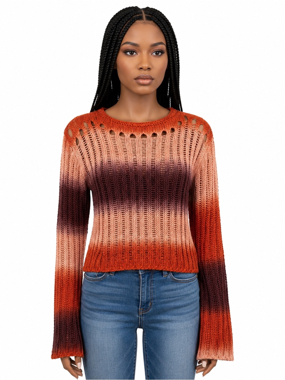 Arizona Jean Co. Ombre Open Knit Striped Bell Sleeve Sweater - Size Small